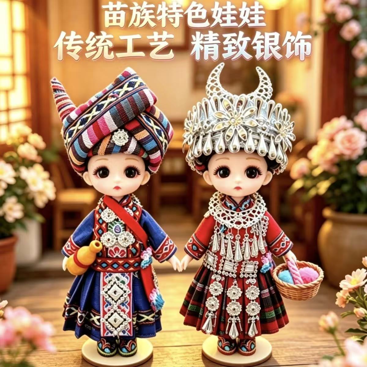 情侣款2个装苗族娃娃摆件民族手桌面摆件