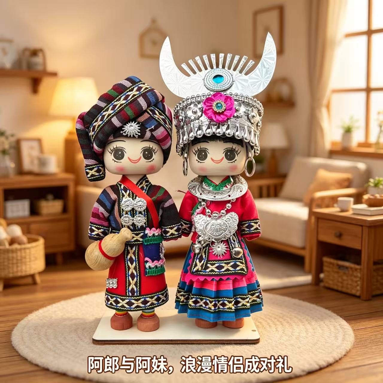 少数民族阿郎阿妹木娃娃桌面装饰