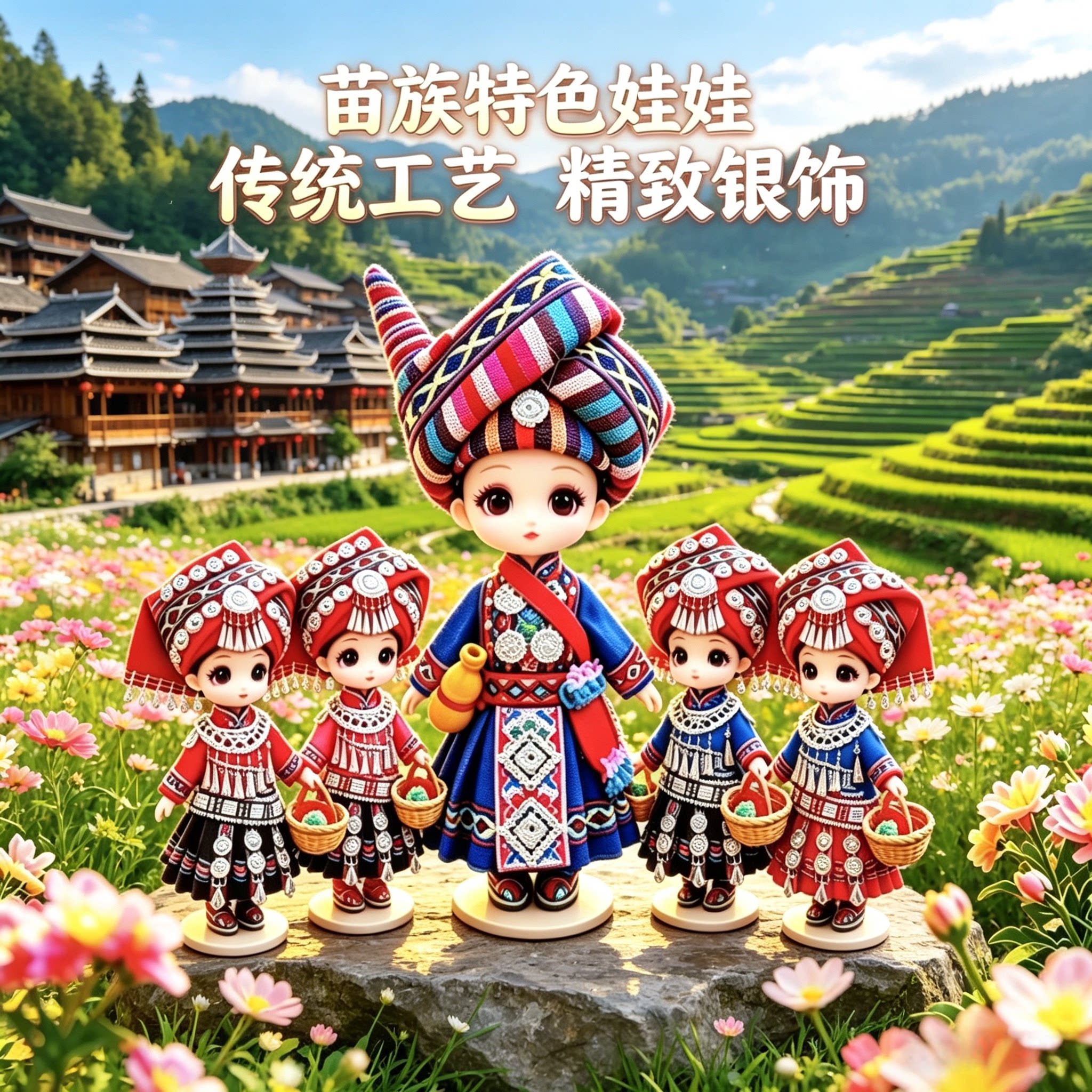可爱苗族壮族Q版娃娃摆件银饰头饰民族风玩偶桌面装饰女生礼物