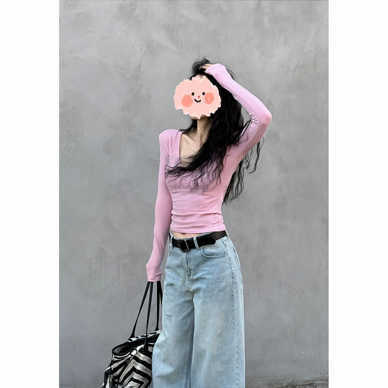 性感辣妹风V领长袖T恤女2025春秋新款正肩修身显瘦打底衫纯色上衣