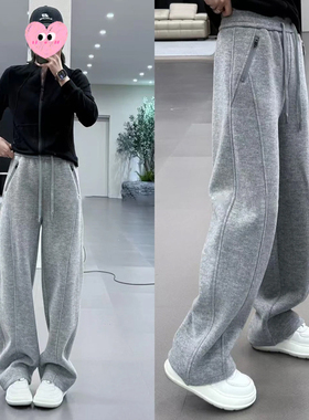 侧拉链口袋灰色加绒休闲女2025冬季新款宽松显瘦加厚阔腿直筒长裤