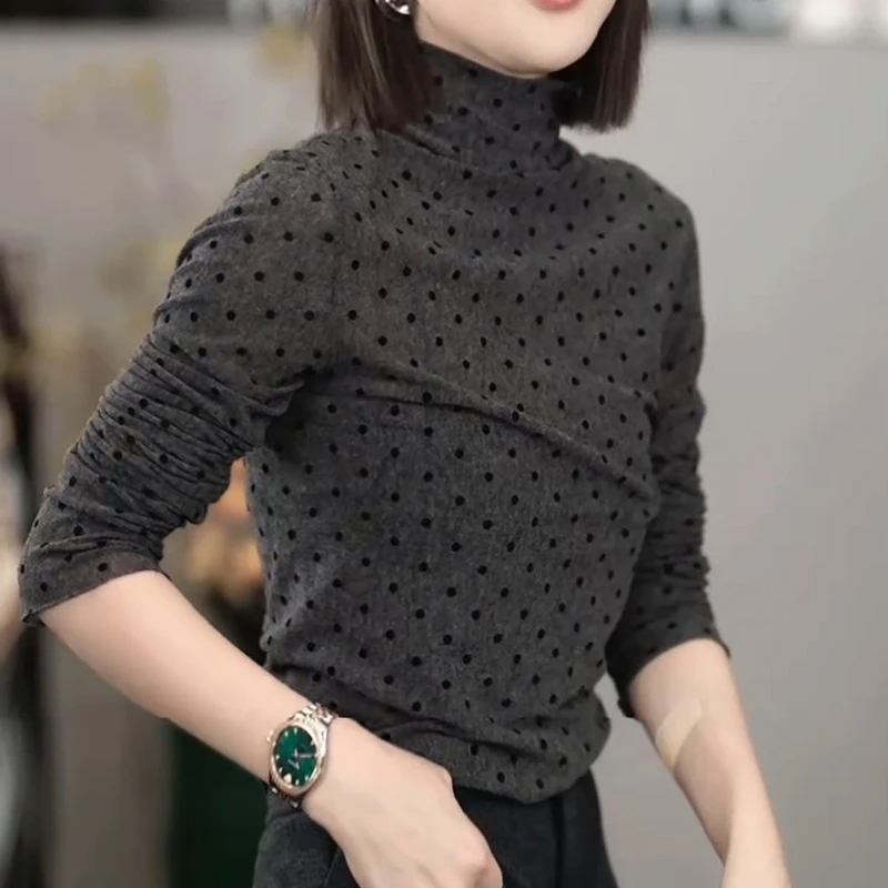 复古撞色波点长袖套头针织衫女2025秋季新款高领百搭休闲打底上衣