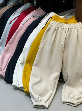 2025冬季宽松红色加绒保暖卫裤女欧货高腰束脚裤加厚运动休闲裤子