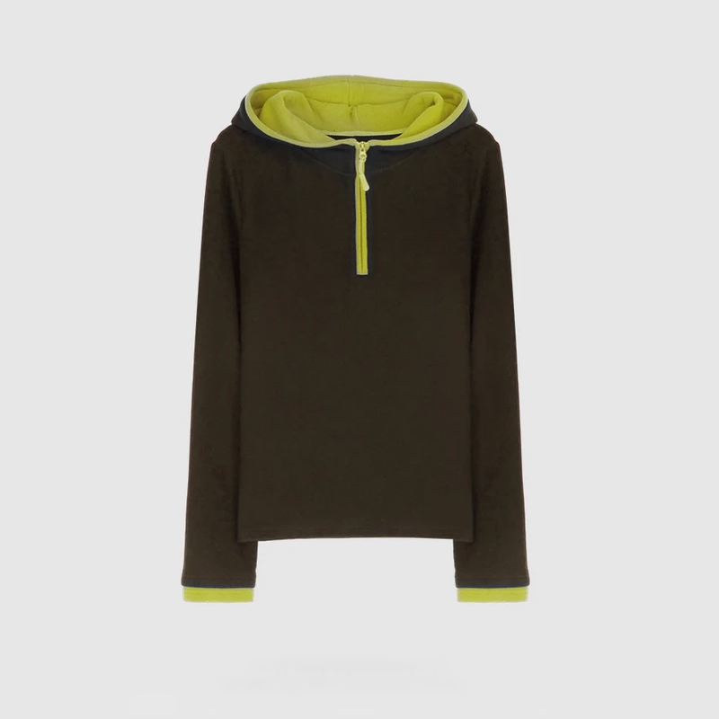 2025秋冬新款撞色连帽长袖绒衫卫衣女半开领拉链保暖休闲套头上衣