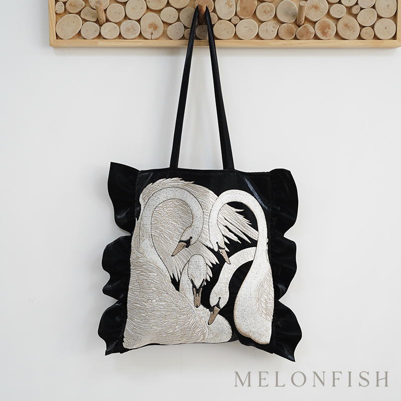 MELONFISH原创黑天鹅刺绣皮质帆布袋大容量电脑单肩登山健身包