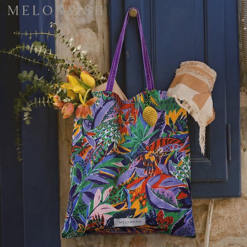 【热带雨林】MELONFISH韩国植物印花帆布包女单肩时尚休闲托特包