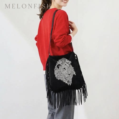 MELONFISH皮质流苏摇滚狮子斜挎