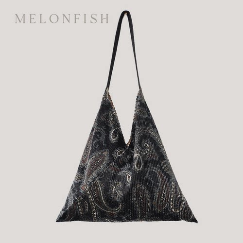 法式复古黑金佩斯利灯芯绒三角包