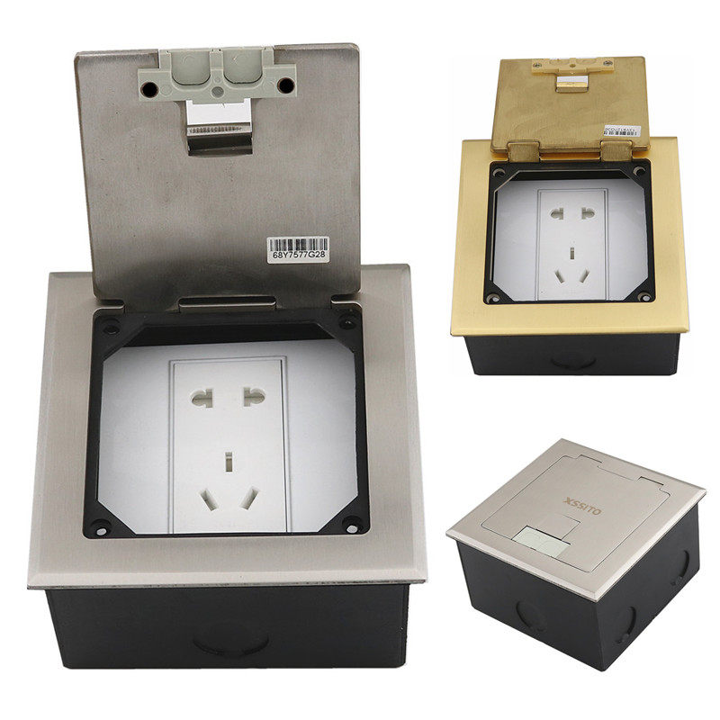 不锈钢开启式地插座配86面板 三孔电源双网络电话 带出线孔地插