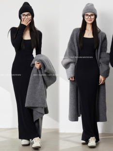 修身 方领长袖 黑色法式 打底连衣裙高级感长裙子 棉磨毛高品质