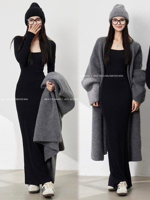 黑色法式方领长袖修身打底连衣裙