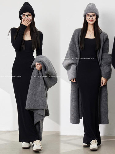 黑色法式方领长袖修身打底连衣裙