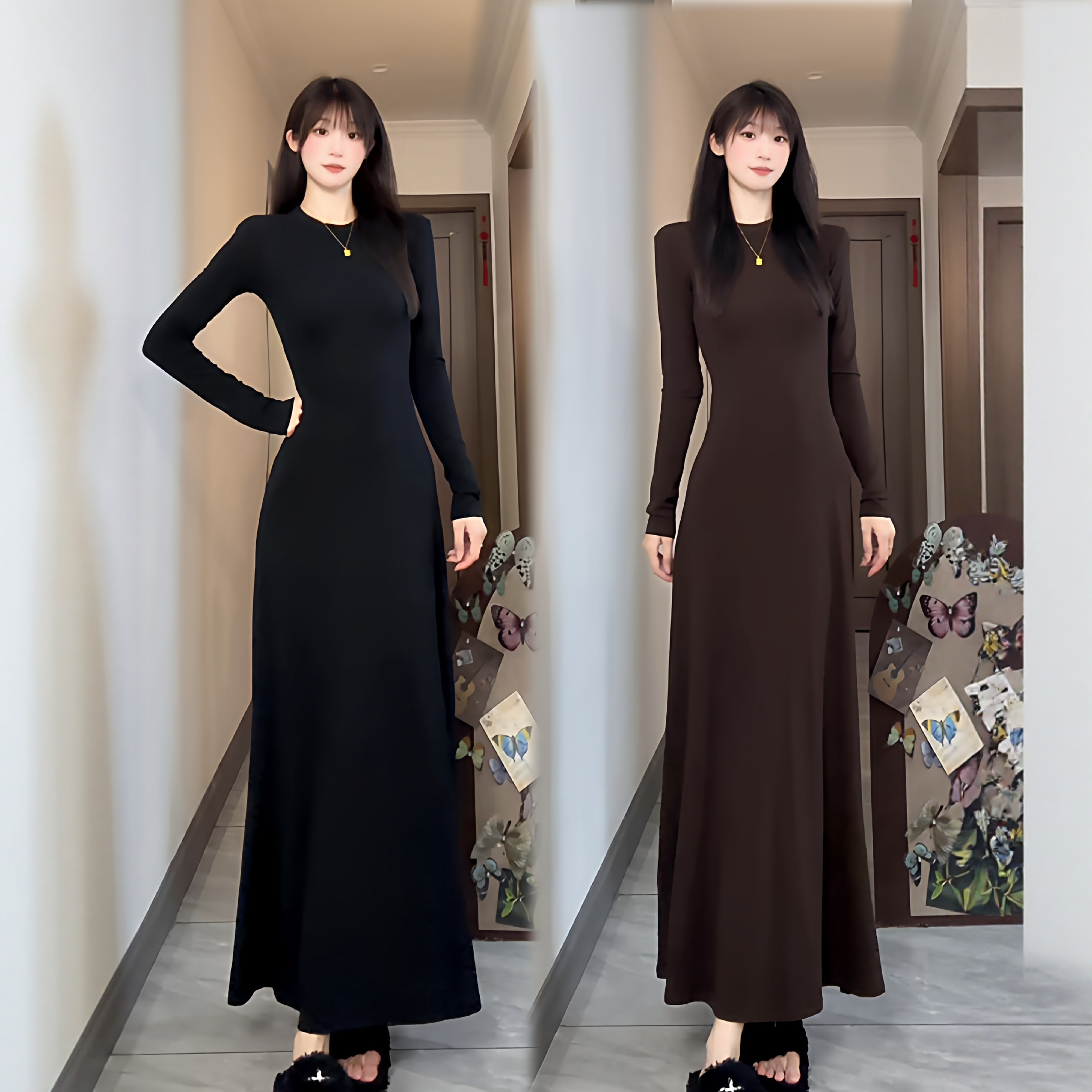 磨毛棉咖色圆领长袖打底女连衣裙2025早秋收腰显瘦长款大摆长裙,女装/女士精品,连衣裙,淘宝优惠券,粉丝福利购,淘宝优惠卷