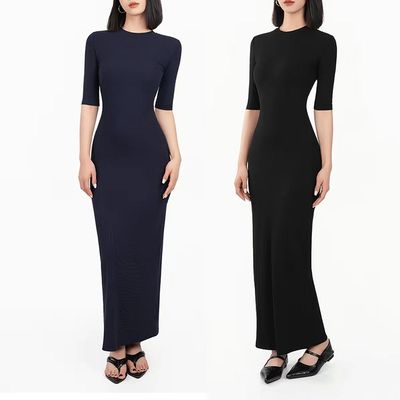 棉罗纹圆领正肩收腰中袖连衣裙