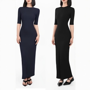 藏青色2026秋新五分袖 圆领正肩收腰中袖 连衣裙打底长裙 棉罗纹