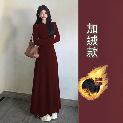 【新年战衣】棉加绒加厚安卡拉红修身长款连衣裙女显瘦长裙