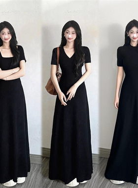 棉高品质2026春夏韩风V领短袖女连衣裙气质黑色辣妹修身内搭裙子