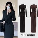 纯欲中长款 黑色扭结v领针织连衣裙女长袖 裙子 270克棉磨毛