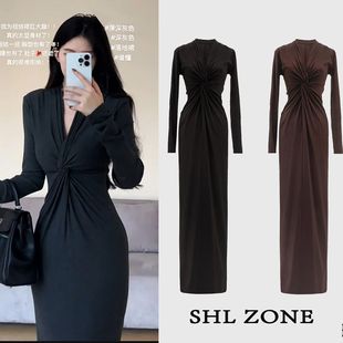 纯欲中长款 黑色扭结v领针织连衣裙女长袖 裙子 270克棉磨毛