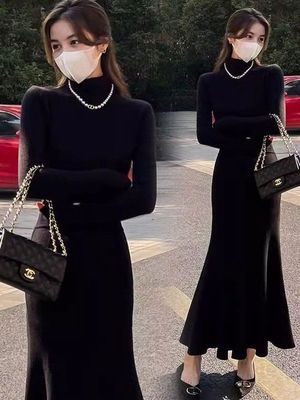 【棉磨毛高品质】2024春上新半高领连衣裙鱼尾裙修身收腰显瘦裙子