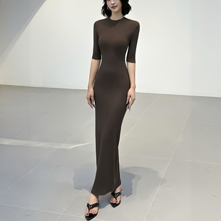 【棉罗纹】咖色2025秋新五分袖圆领正肩收腰中袖连衣裙打底长裙