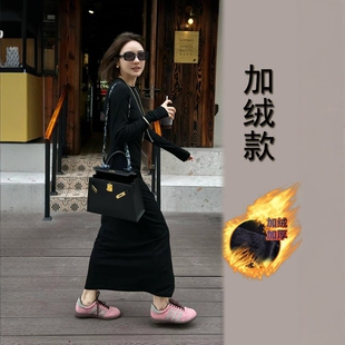 【330克棉加绒加厚】纯色圆领长袖连衣裙辣妹修身包臀显瘦长裙女
