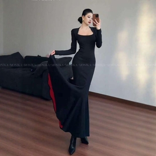 【红底加厚复合绒】秋冬步步生莲方领显瘦百搭包臀鱼尾裙气质长裙