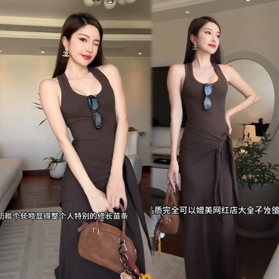【棉高品质】配披肩法式U领工字背心连衣裙女夏长裙修身收腰包臀