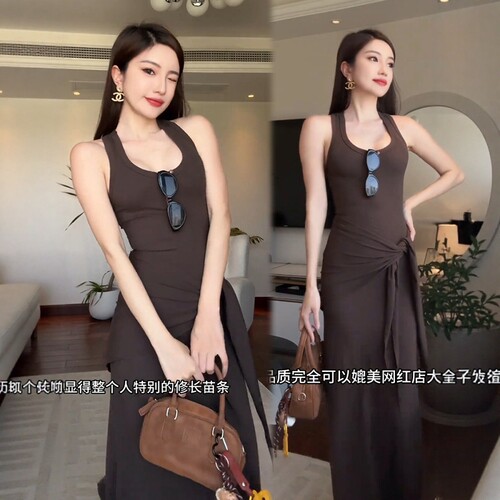 【棉高品质】配披肩法式U领工字背心连衣裙女夏长裙修身收腰包臀