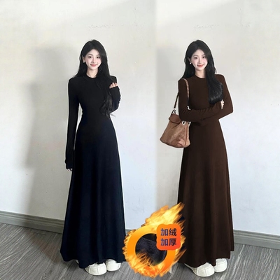 【棉加绒加厚】2025秋修身长款连衣裙女收腰显瘦圆领气质长裙