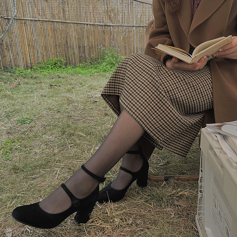 法式玛丽珍鞋复古2025春秋真皮绒面黑色高跟鞋女粗跟浅口圆头单鞋,女鞋,玛丽珍鞋,淘宝优惠券,粉丝福利购,淘宝优惠卷