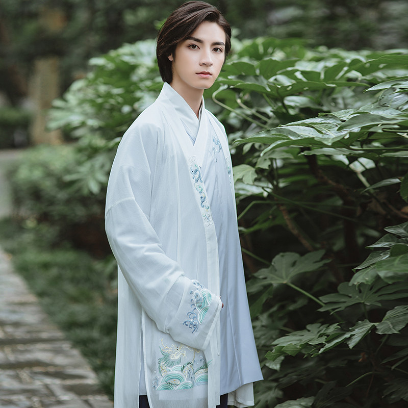 售完下架衔泥小筑汉服男 绣花日常 春秋对襟褙子 外套 白色 青风