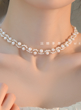 沄玥手作 天然珍珠萌猫爪项链法式复古14K包金锁骨链气质天鹅颈链