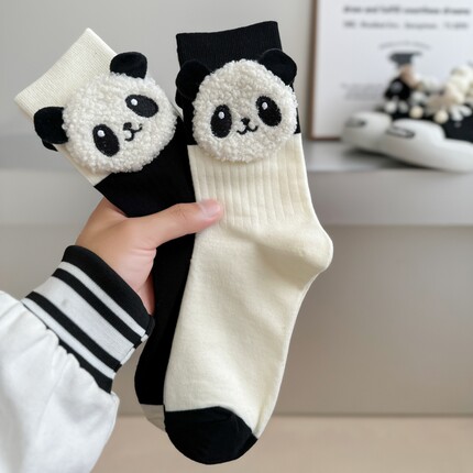 欧货小众袜子黑白拼色奶牛立体熊猫袜潮流男女运动外穿纯棉中筒袜