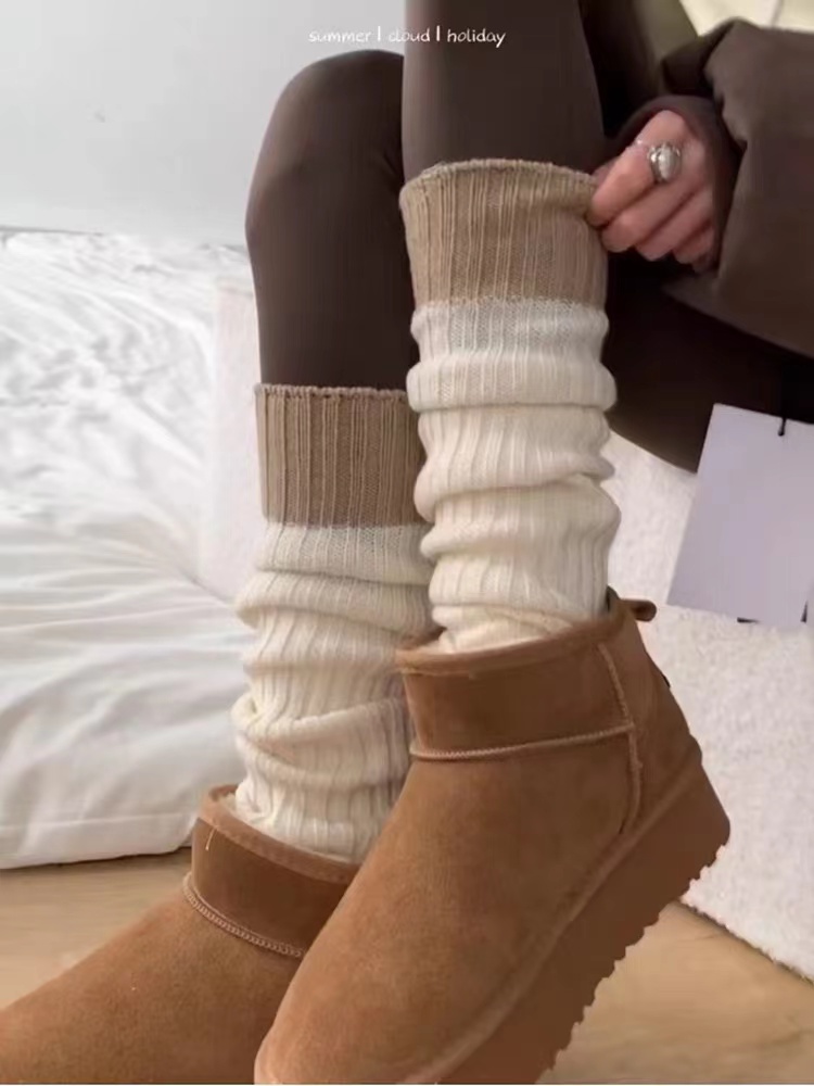 针织袜套春秋毛线撞色拼接腿套