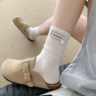 韩版 灰色布标贝壳袜子女中筒袜春秋纯棉夏季 无骨堆堆袜搭配勃肯鞋