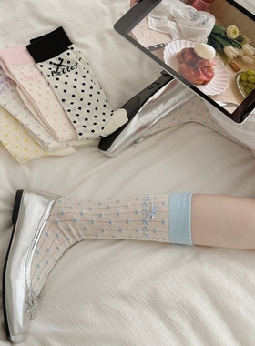 袜子女春夏薄中筒蝴蝶结波点甜美萝莉蕾丝白色洛丽塔小腿袜lolita