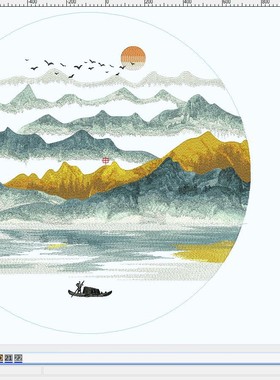 蓝色意境玄关山水刺绣背景墙版带（卡子）EMB格式