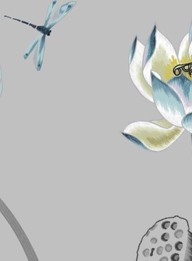 39万针蓝色荷花刺绣背景墙版带（可做装饰挂画）（EMB）格式