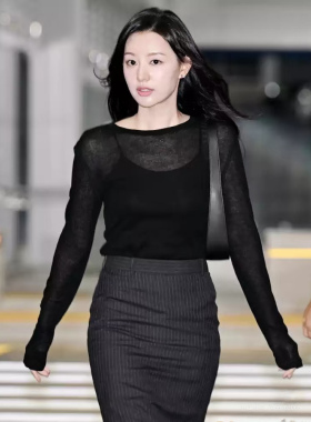 小喜家  26早春 Hanes x Karlal 黑色圆领微透肤小性感超薄羊绒衫