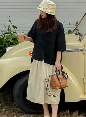 小喜家 国内现货2025春夏Hanes x Karla黑色大口袋宽松短袖衬衣