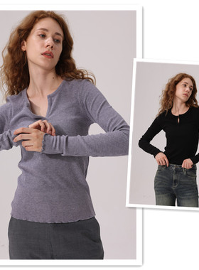 小喜家Hanes x Karla 2025春季新款小V领卷边罗纹长袖针织衫女