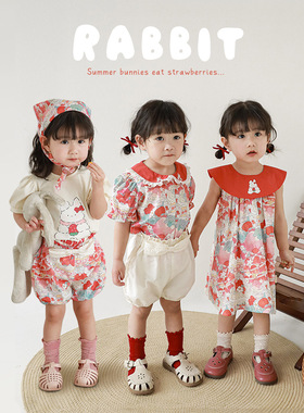 ins韩版夏款女童宝宝红色兔子娃娃衫连衣裙翻领衬衫T恤短裤套装