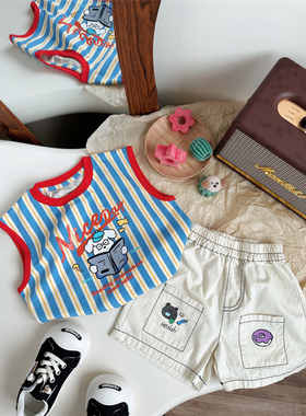 ins夏款男童宝宝蓝色条纹卡通背心白色休闲短裤潮范萌趣两件套