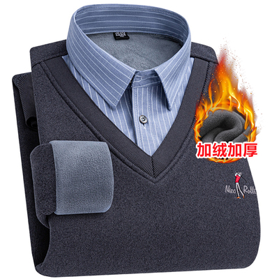 保罗冬季男士翻领针织衫加绒加厚中老年爸爸假两件衬衫领保暖毛衣