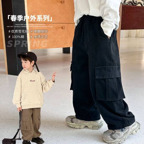 Ambb艾摩贝贝男童2025春季新品儿童全棉可束脚工装裤耐磨帅气长裤