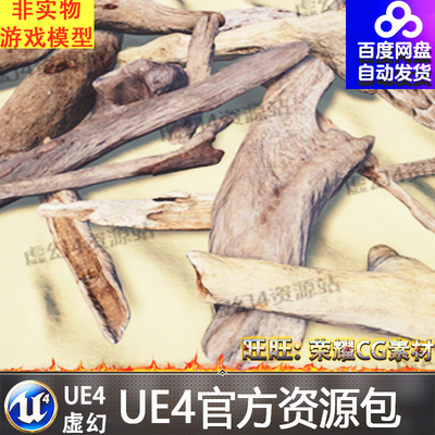UE4UE5树木树枝干枯木块腐木碎屑木柴枯木Driftwood Pack 1