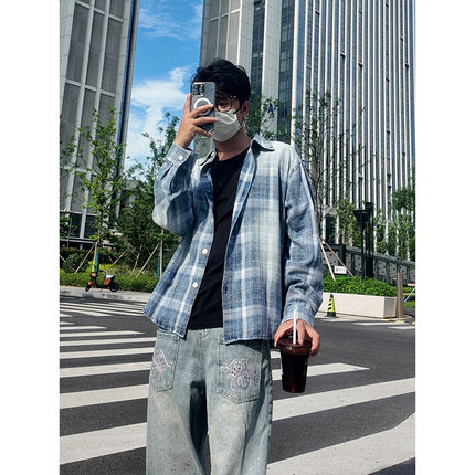 TANGZ STUDIO美式复古格子衬衫男长袖宽松百搭学院风潮流衬衣春夏