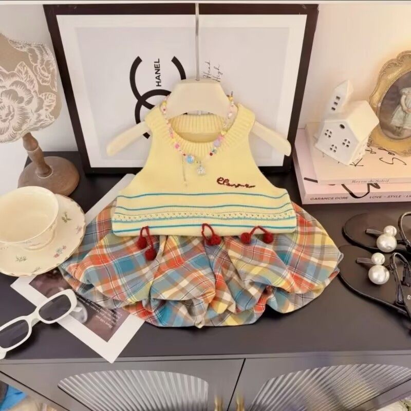 女童套装夏装2025洋气儿童女宝宝针织背心韩版格子花苞短裤两件套,童装/婴儿装/亲子装,套装,淘宝优惠券,粉丝福利购,淘宝优惠卷