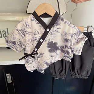 男童套装夏装2026新款唐装新中式短袖男宝宝水墨画儿童夏季汉服薄